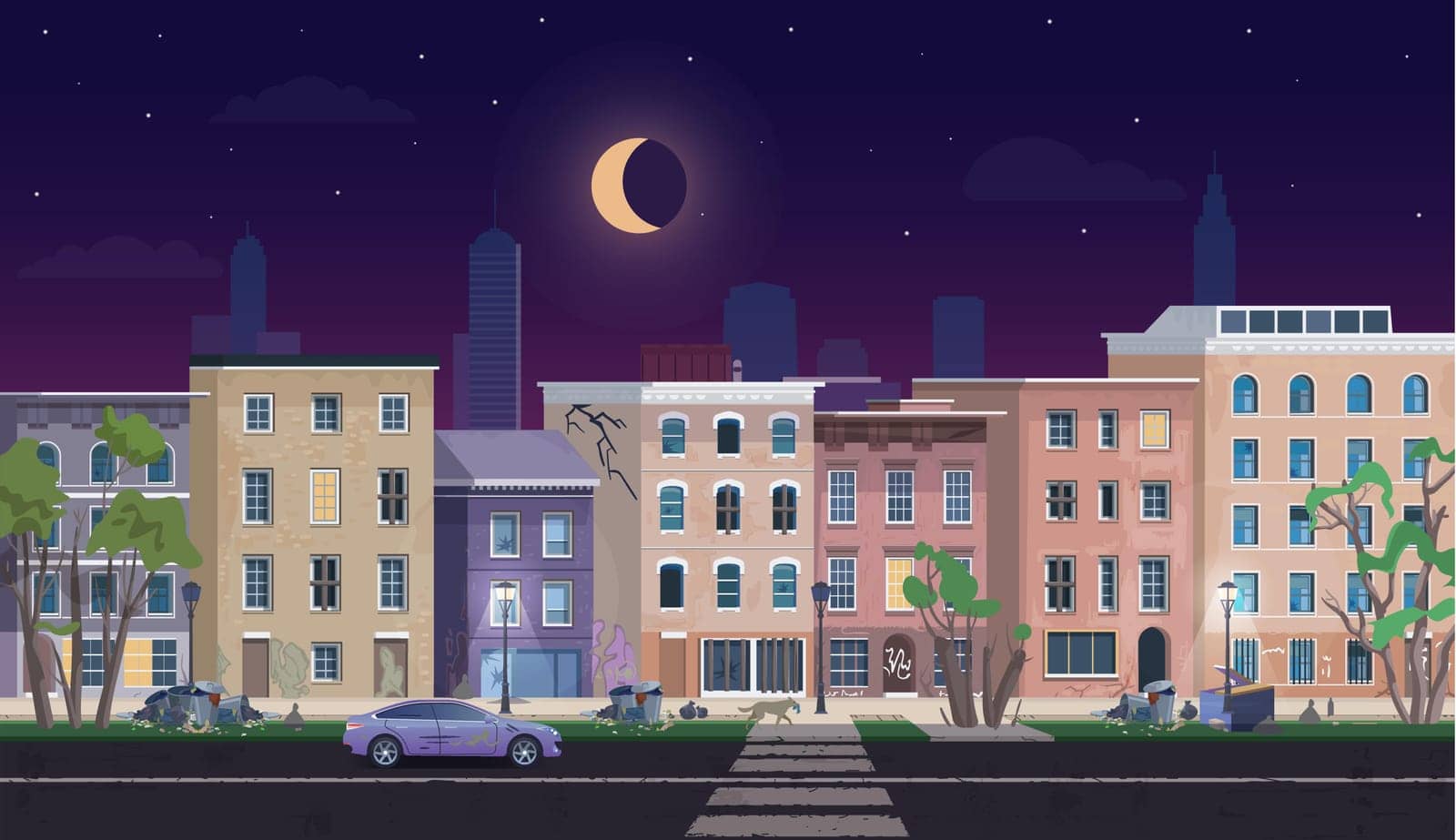 Ghetto landscape at night vector illustration, cartoon flat neighborhood cityscape with slum city street and dirty shanty houses, home for poor people, unfavorable abandoned residential area by Lembergvector