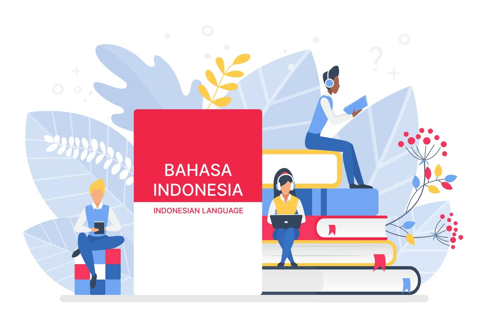 Online Indonesian language courses flat illustration. Distance education, remote school, Indonesia university. Language Internet class, e learning, Students reading books. Teaching foreign languages.