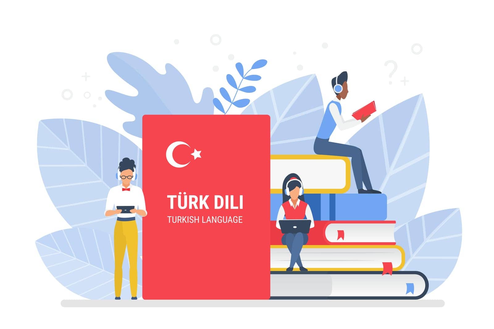 People learning Turkish language vector illustration. Turkey distance education, online learning courses concept. Students reading books cartoon characters. Teaching foreign languages.
