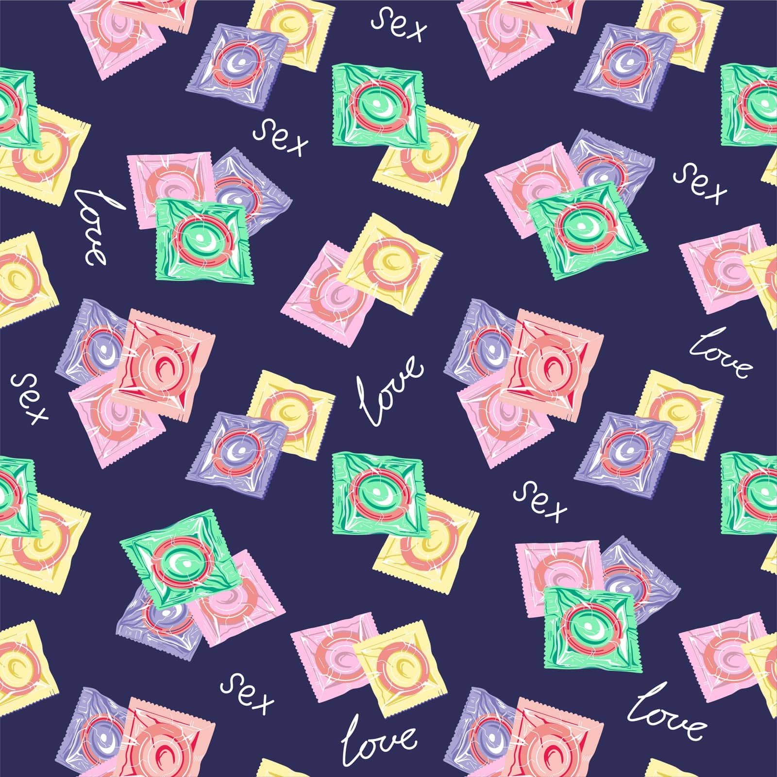 Seamless pattern with condoms.The concept of safe sex. World contraception day. Latex contraceptives in the package.Prevention of AIDS, HIV, and sexually transmitted diseases.Vector illustration