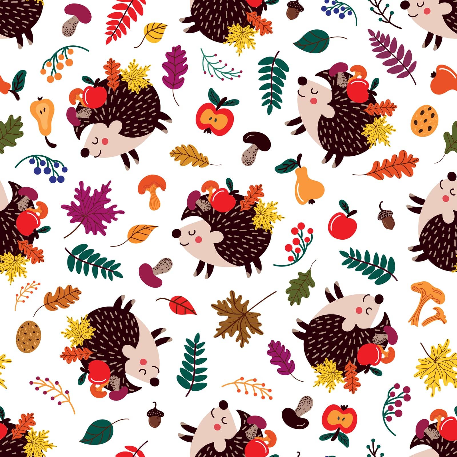 Background of cute cartoon hedgehogs among autumn leaves and fruits with mushrooms on white backdrop