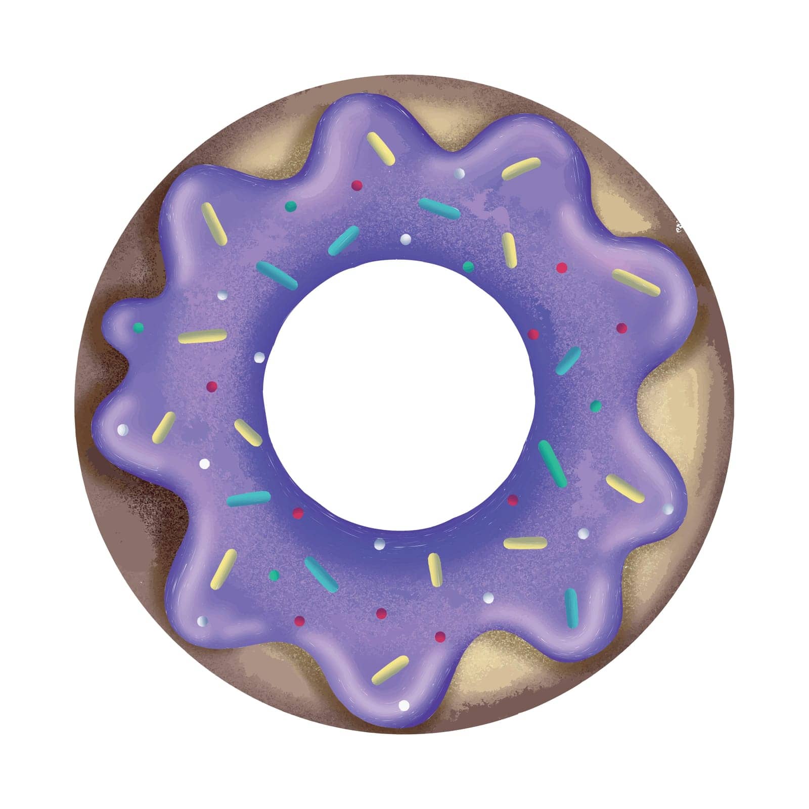 illustration of cartoon tasty doughnut with purple icing and colorful sprinkles isolated on white background. Vector illustration
