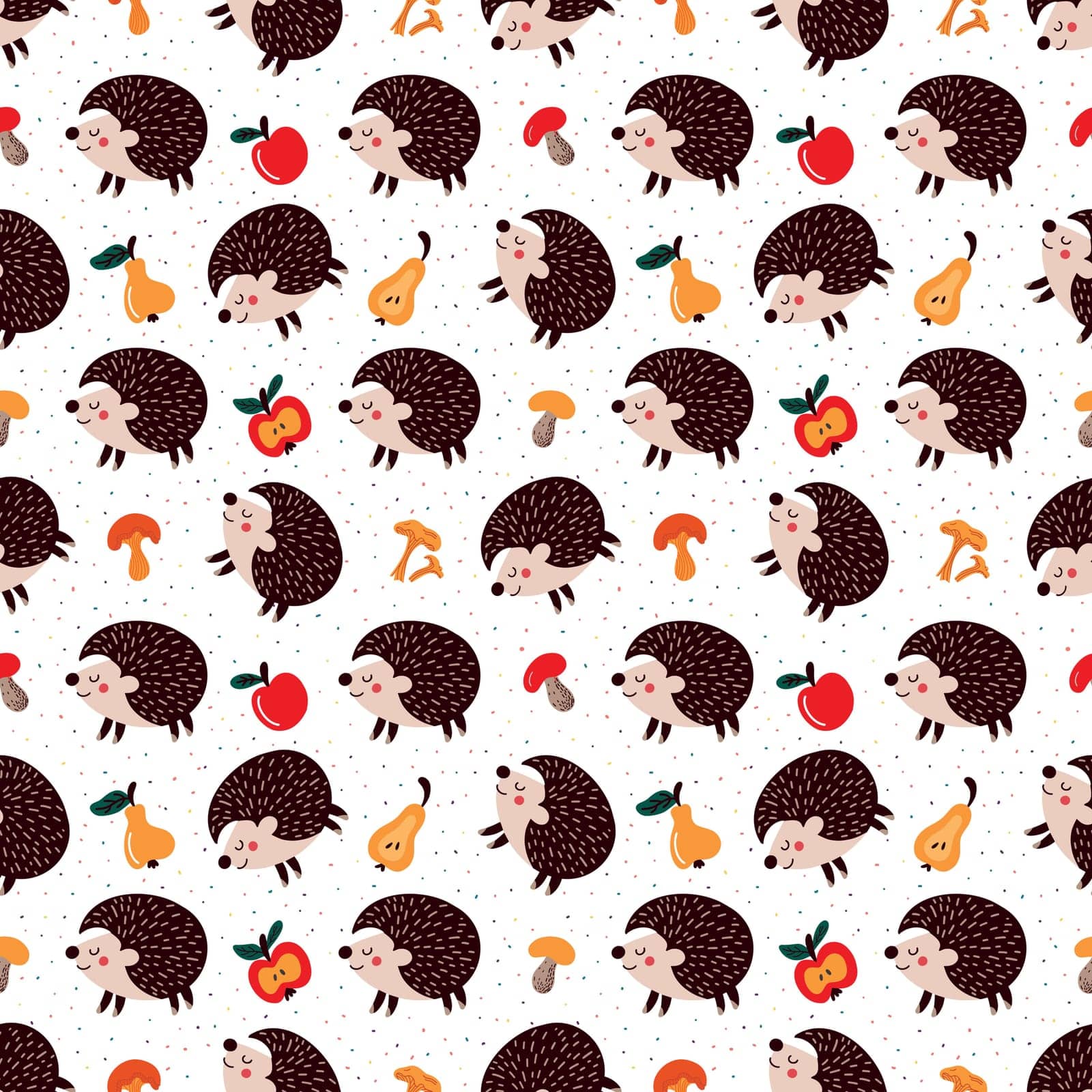 Seamless pattern of cute cartoon hedgehogs among autumn leaves and fruits with mushrooms on white backdrop