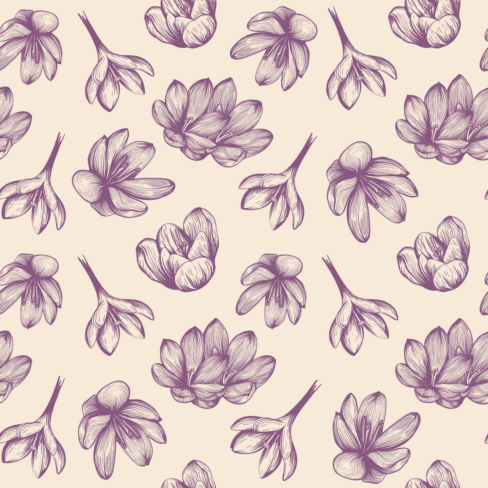 Saffron seamless pattern sketch. Crocus flower pattern. Hand-drawn vector illustration