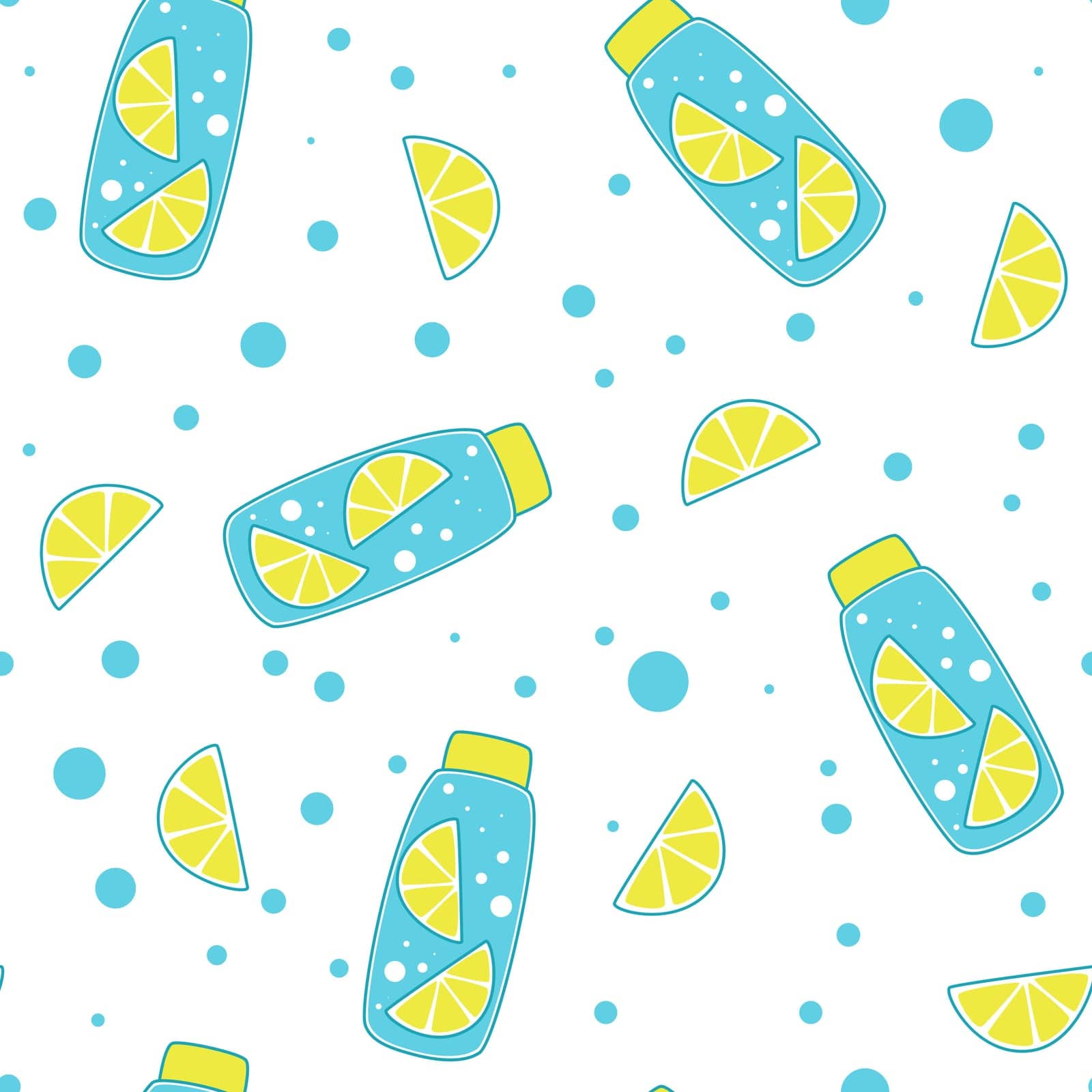 Refreshing lemon water seamless pattern. Background of bottled water and lemon slices. Vitamin summer citrus detox. Water fruit print, vector illustration