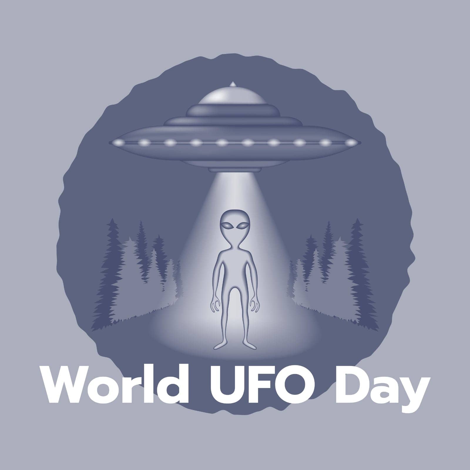 Monochrome poster with a flying saucer and an alien. Postcard, print, round badge for International Ufo Day. Ufo flying in the sky. Vector illustration.