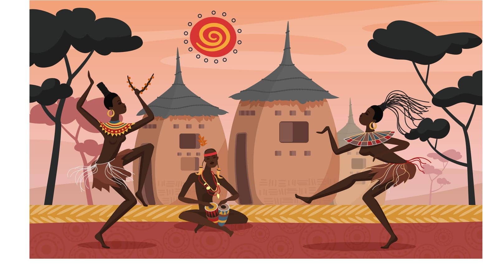 African people dance on ethnic ritual ceremony, tribal culture vector illustration. Cartoon aborigines dancers playing drums with decorative native patterns, dancing in village of Africa background