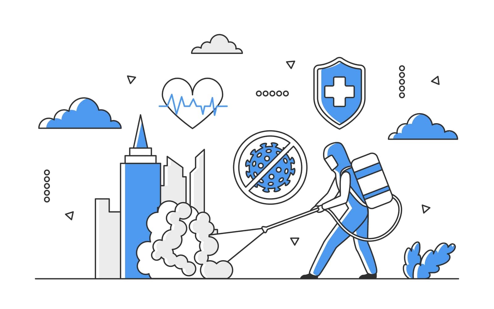 Equipped man spraying disinfectant in public spaces. Protective measures against pandemic coronavirus vector monocolor illustration