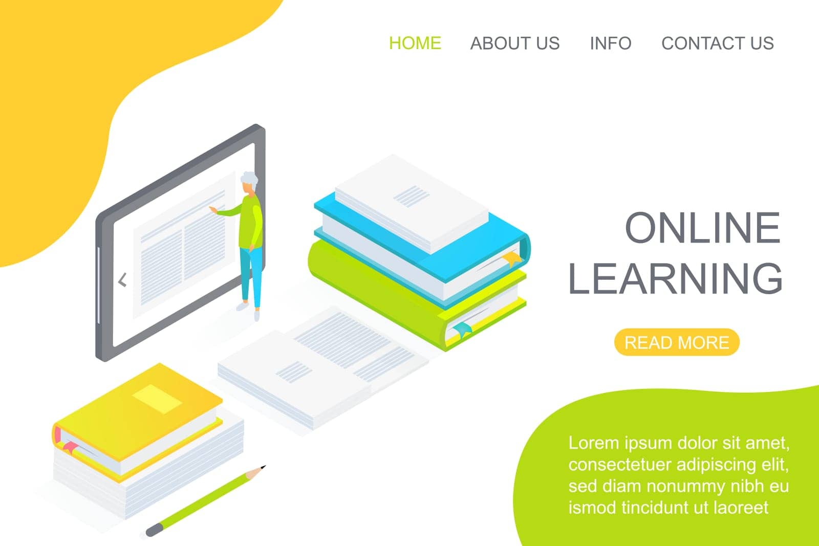 Isometric person using large tablet amidst textbooks dedicated to online education landing page concept vector illustration