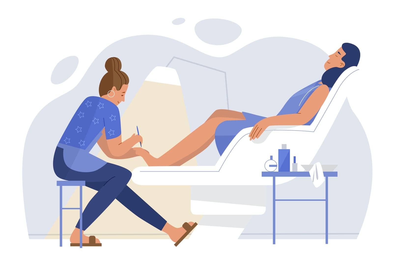 Young woman relaxing in armchair for pedicure flat vector illustration. Master treat feet with special instrument, girl resting with closed eyes. Hygienic procedure in beauty salon concept