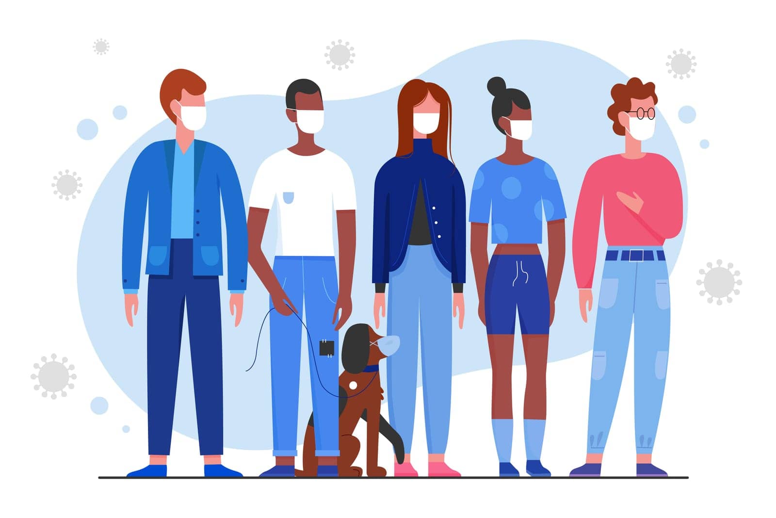 Crowd of young people in medical masks character flat vector illustration. Man, woman and dog stand together, use respirator to protect breath from covid 19 virus in air. Poster, banner, web