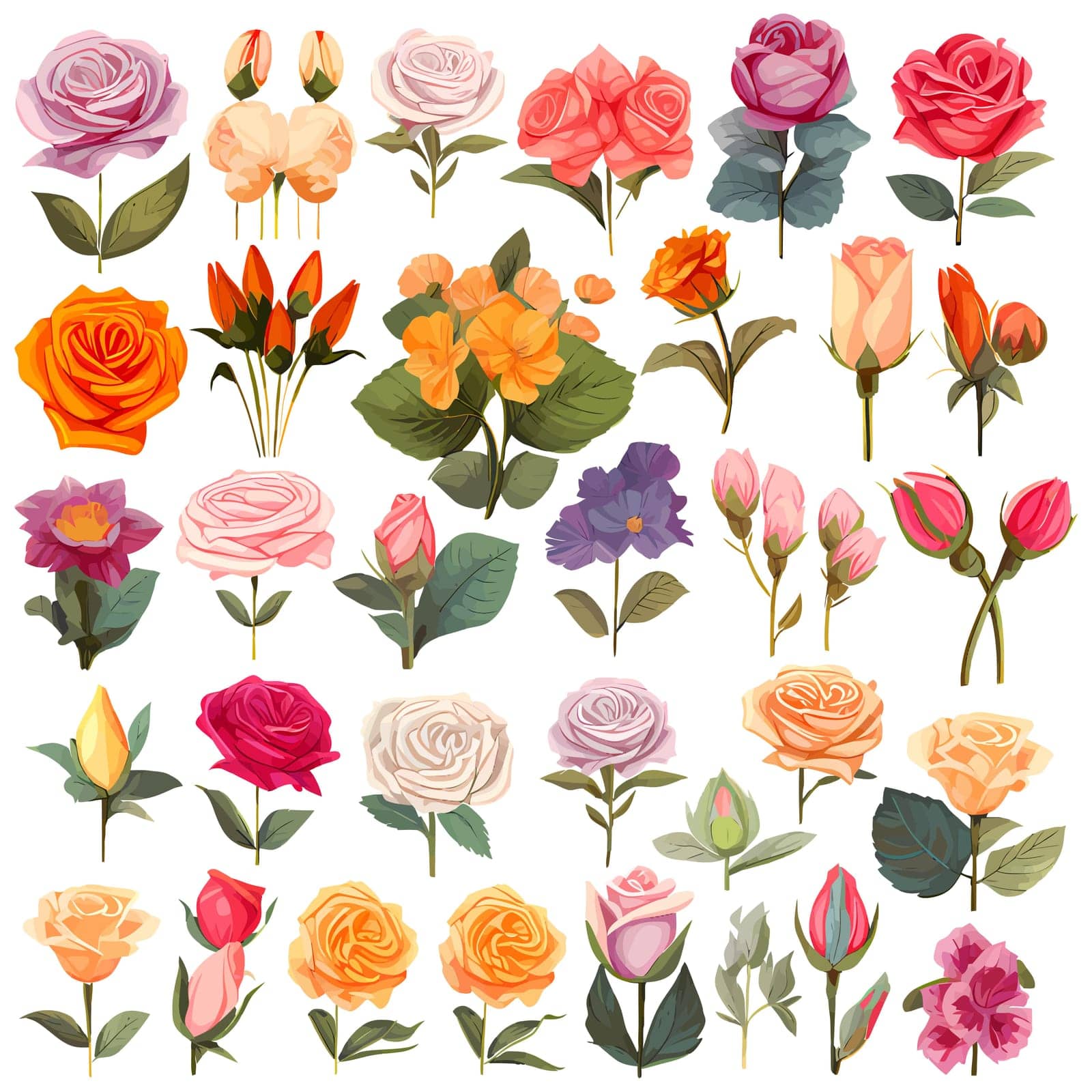 Flower icons set. Collection of colorful flowers on white background. Various flowers in flat design. Vector illustration