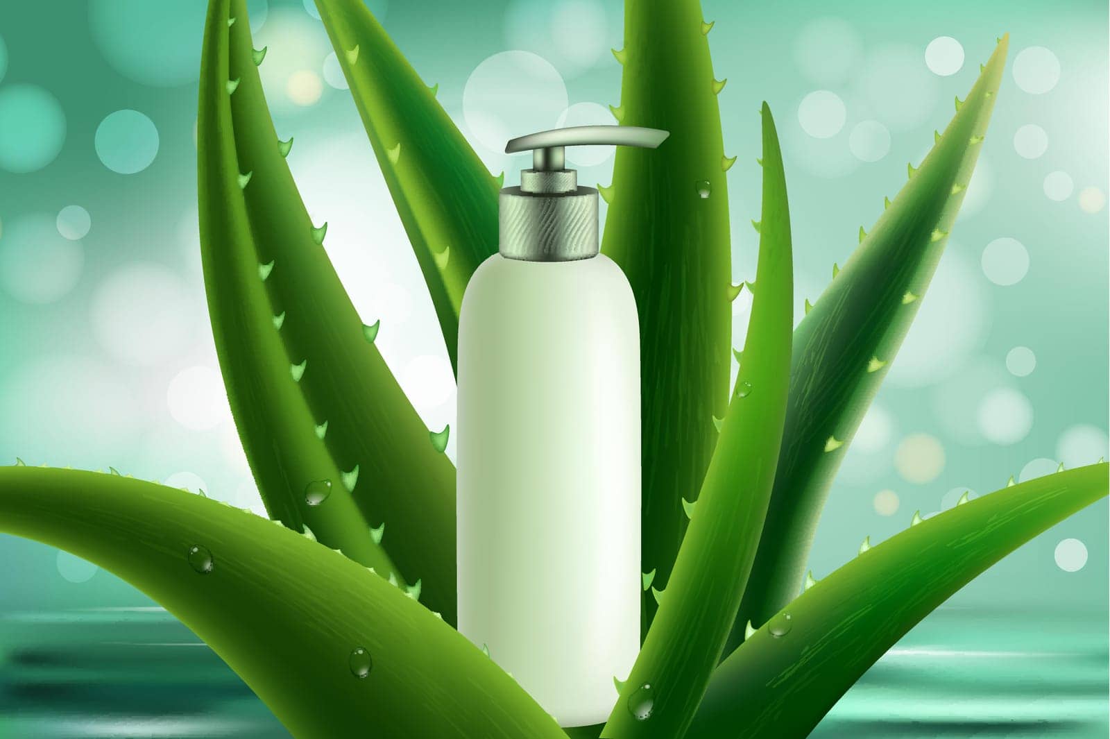 Aloe cosmetic moisture product vector illustration. 3d bottle with moisturizer cream or body lotion and realistic aloe vera green leaves, beauty cosmetology advertising for catalog magazine background