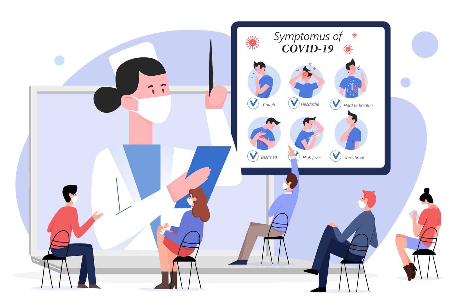 Online medical lecture about covid19 vector illustration. Cartoon lecturer character teaching students from laptop screen, talking about coronavirus symptoms on medicine webinar isolated on white