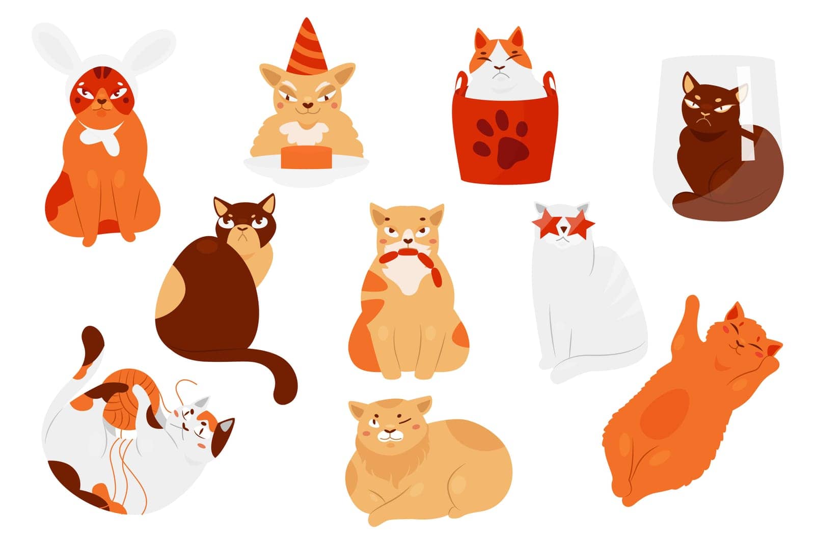 Cat pets and cute kittens in different poses vector illustration set. Cartoon lazy fat kitty character playing, sitting in box or sleeping, funny hungry cat pet eating sausage isolated on white