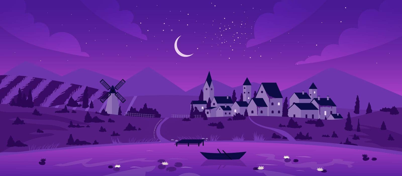Night town or village by lake landscape vector illustration. Cartoon mountain scenery with moon in purple starry sky, boat on calm lake waters, mill on summer fields and farm houses background