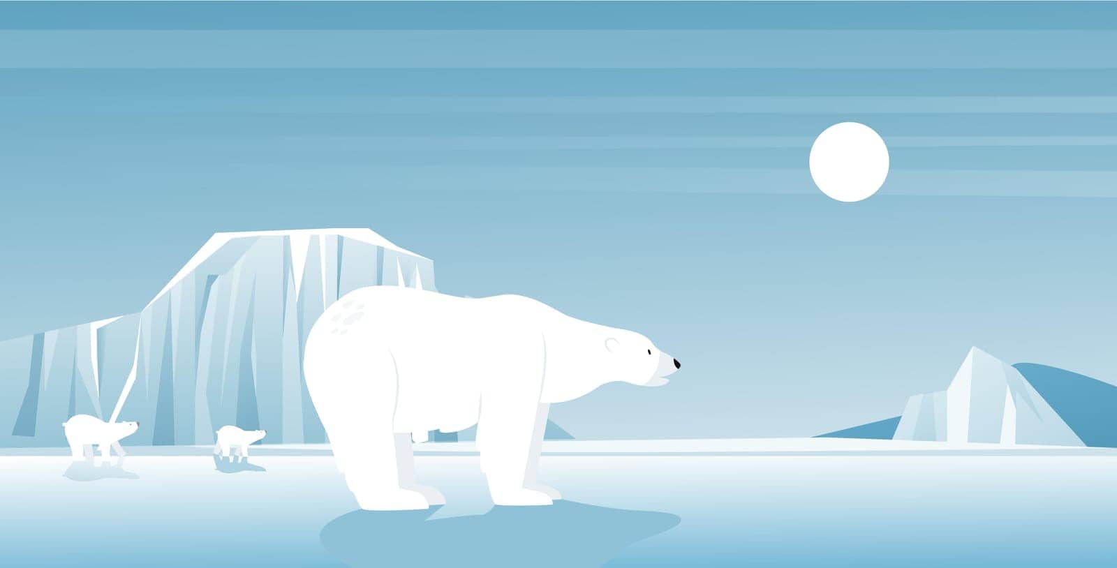 Polar bear in ice arctic or antarctic landscape, north winter scene vector illustration. Cartoon cute frost icy scenery with white polar bears and glacier, wild animals in cold climate background