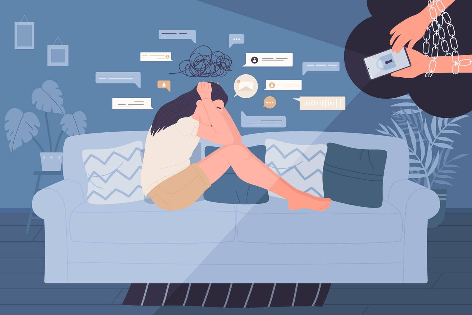 Internet addict suffering from mania, obsession with social media vector illustration. Cartoon crazy sad girl sitting on couch alone, hands with chain holding smartphone. Fixation, addiction concept