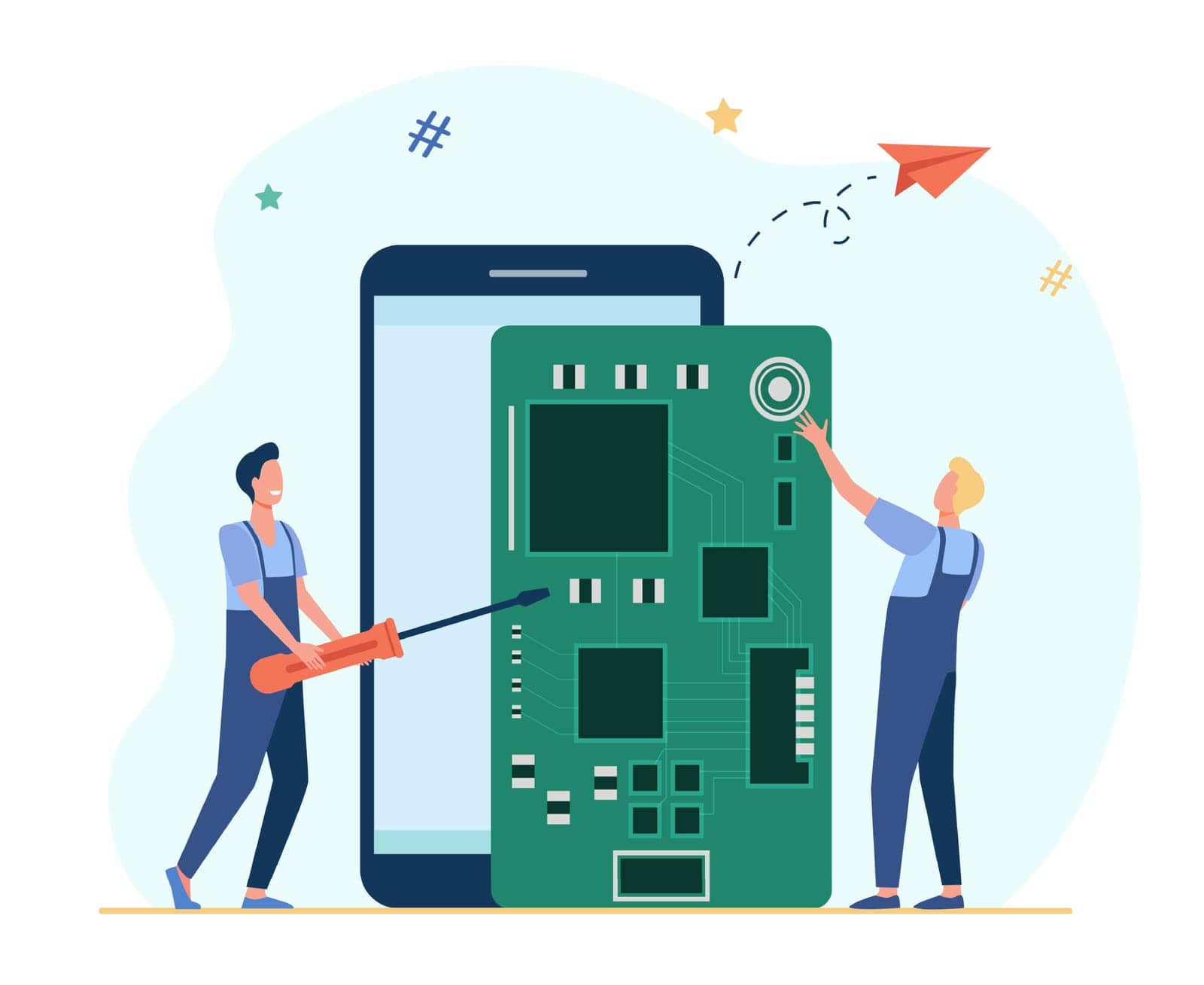 Tiny technicians repairing smartphone. Screwdriver, phone, board flat vector illustration. Digital technology and repair service concept for banner, website design or landing web page