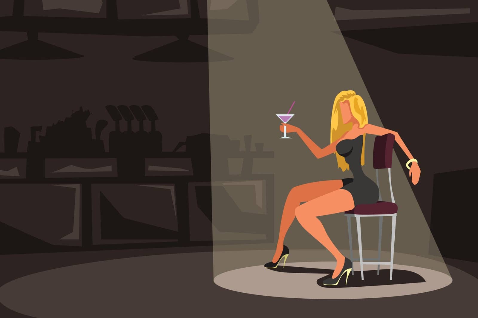 illustration of cartoon slim pretty woman sitting on chair with coctail in a club