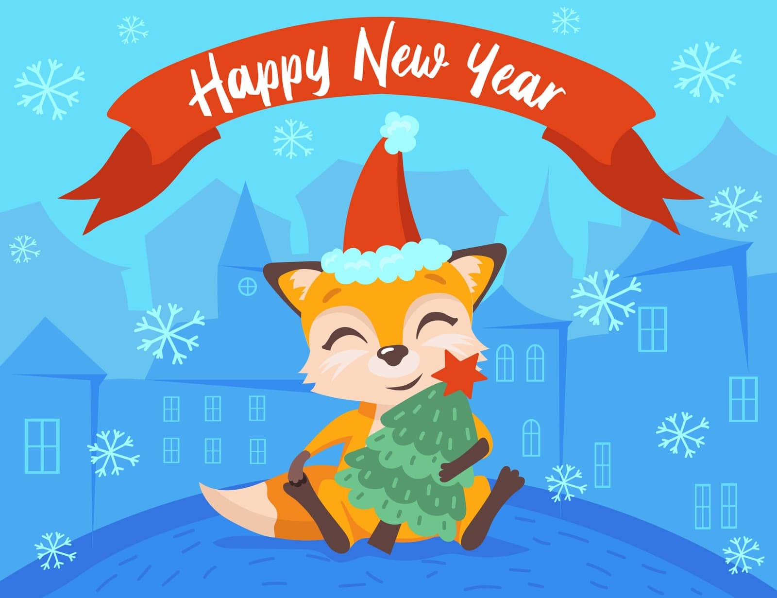Smiling fox character with Christmas tree cartoon illustration. Orange mammal wearing hat, sitting in front of houses in winter. Holidays, seasons, greeting, card concept