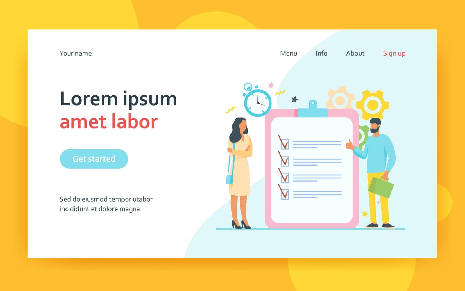 Managers with task list. Employees standing at checklist and timer, making thumb up flat vector illustration. Time management, planning concept for banner, website design or landing web page
