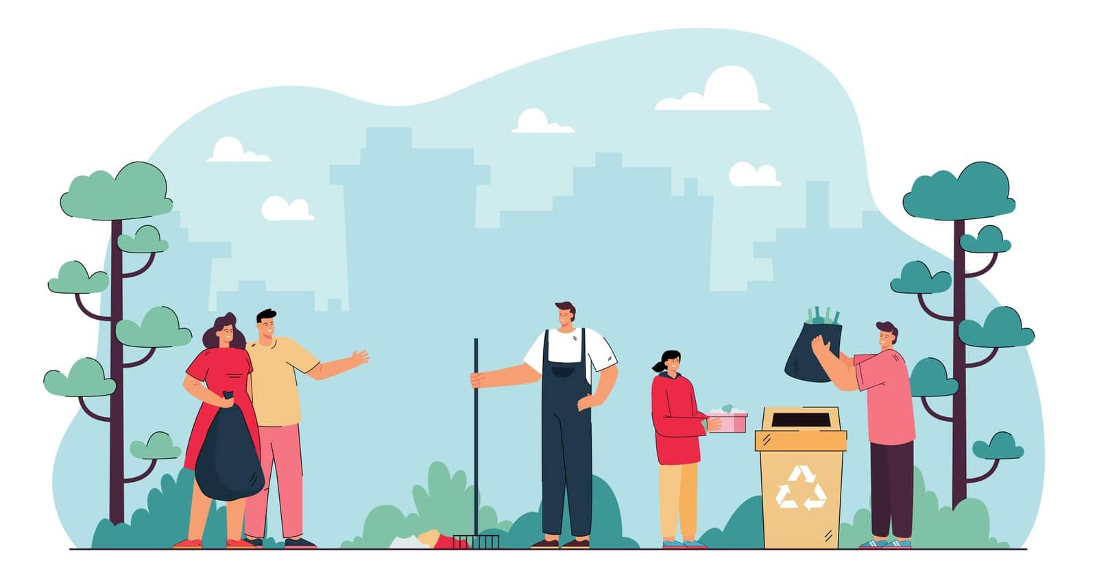 Volunteers cleaning up garbage in city park. Happy people working together, collecting trash flat vector illustration. Ecology, nature, community, teamwork concept