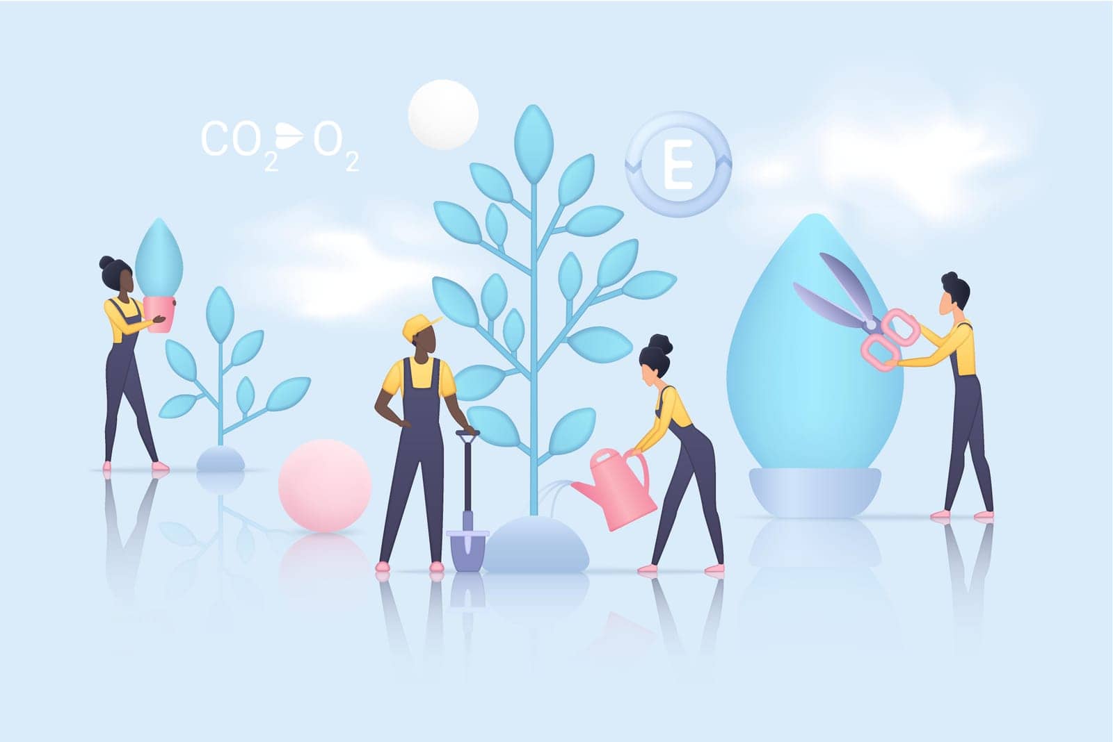 People save environment of planet, reduce global climate change. Tiny activists plant and care tree, warning about CO2 emission flat vector illustration. Reforestation, photosynthesis, ecology concept