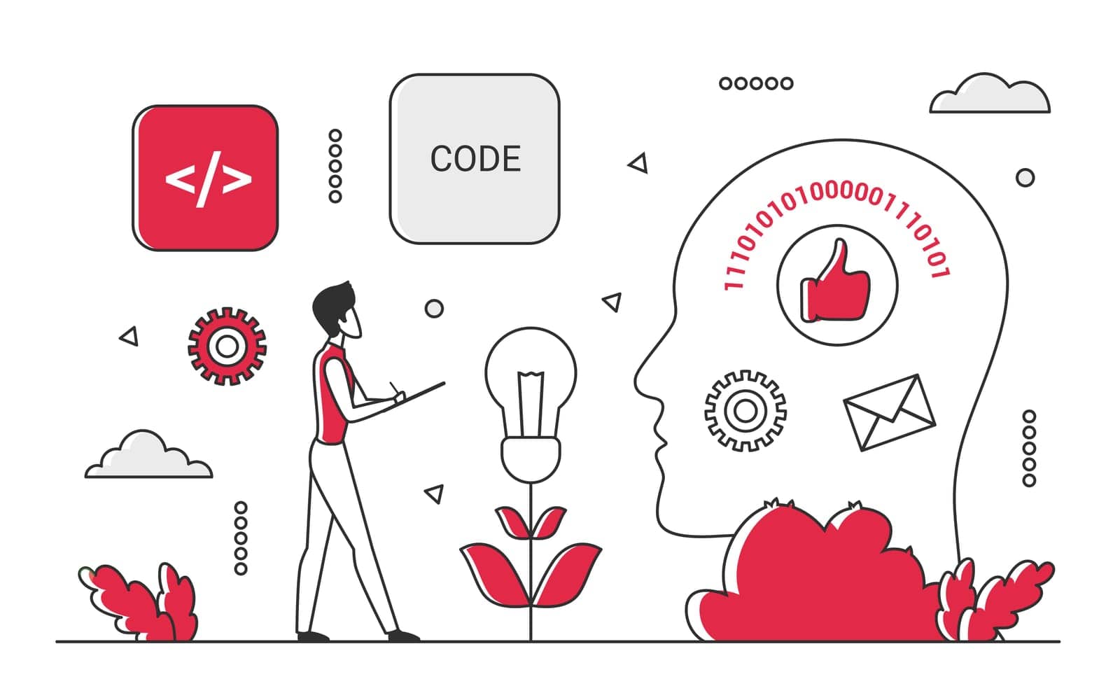 Software code development. Online programming, engineering app team, testing program vector monocolor illustration