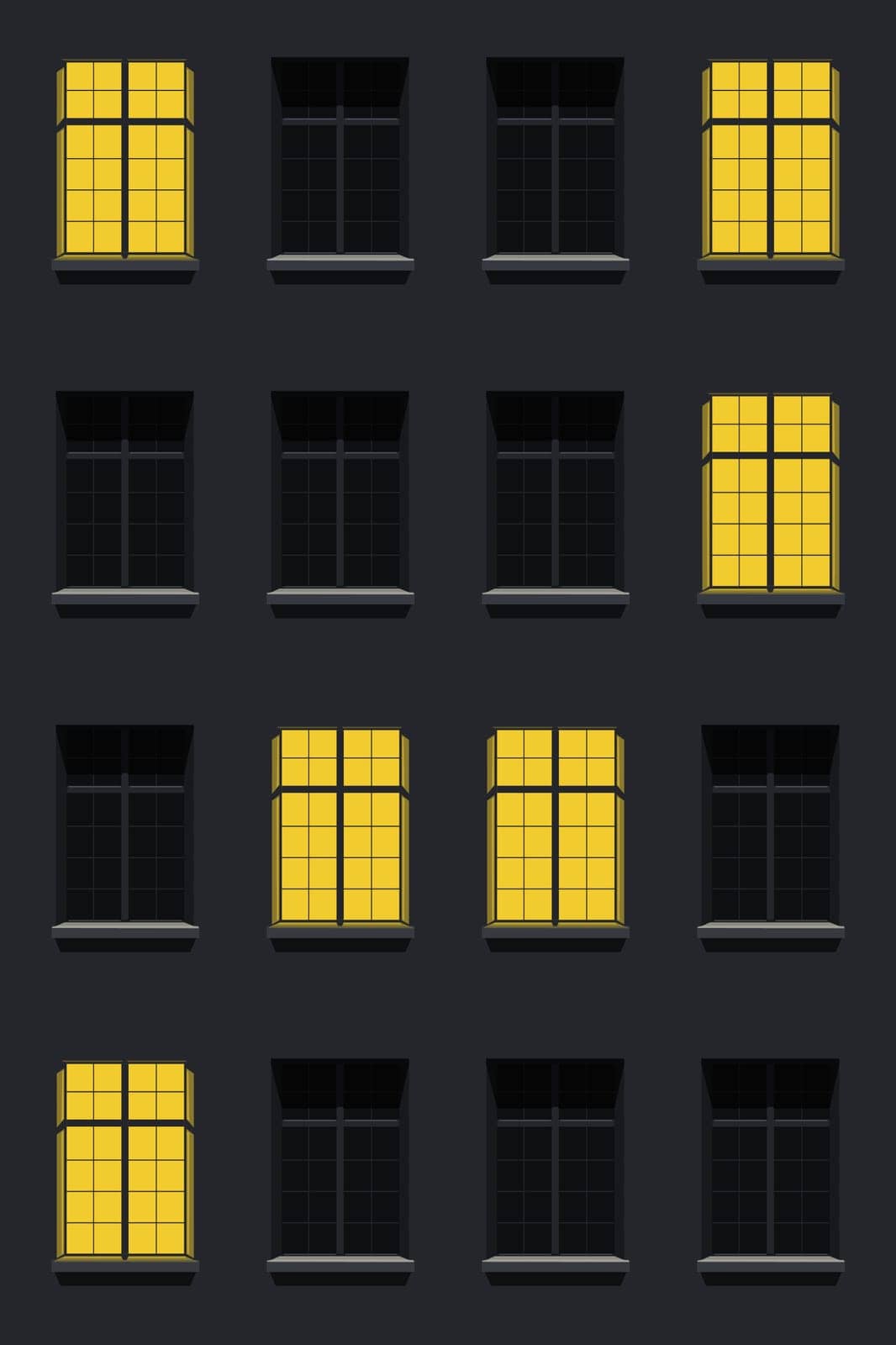 illustration of building facade with apartment windows on and off light