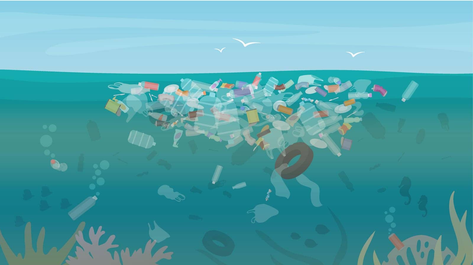 Polluted with trash and garbage underwater of ocean or sea vector illustration. Cartoon bottles, plastic bags and industry toxic waste floating in dirty water background. Environment, danger concept