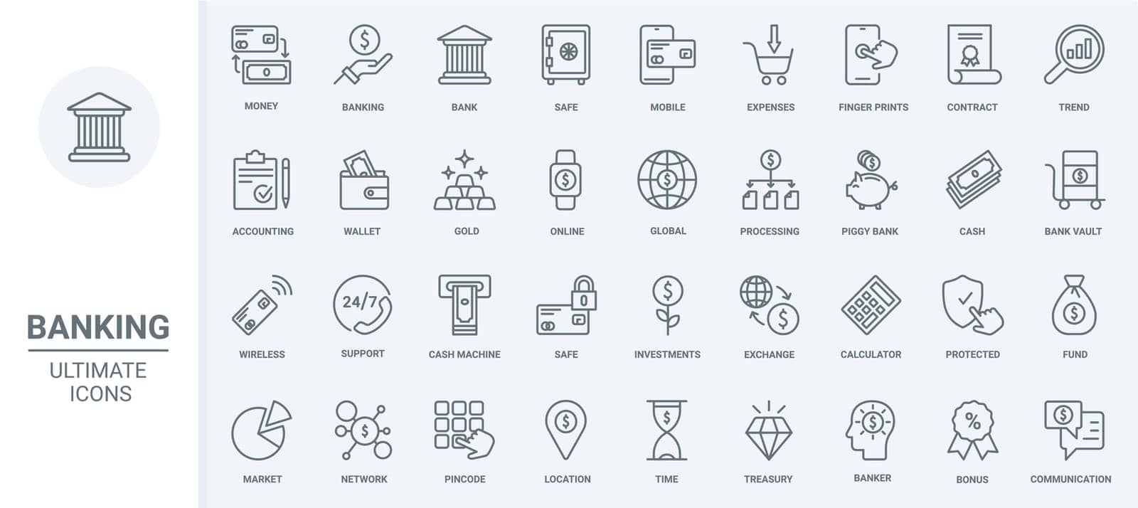 Finance, bank accounting and business analysis thin line icons set vector illustration. Outline budget management, economy and financial investment or expenses symbols, banking protection and contract