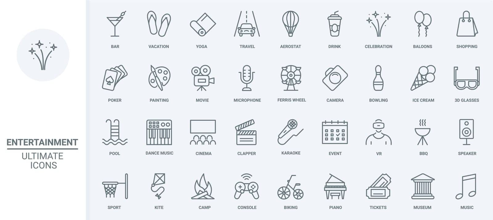 Fun party events, travel and leisure thin line icons set, karaoke and fireworks, movie by Lembergvector