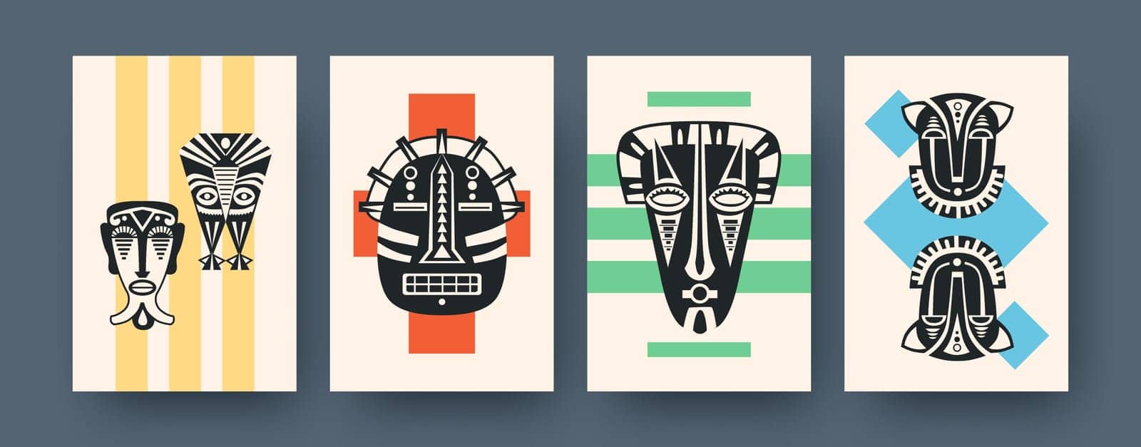 Set of contemporary art posters with ritual masks. Vector illustration. Collection of african tribal masks in colorful background. Africa, culture, tribe, ritual, totem concept for social media design
