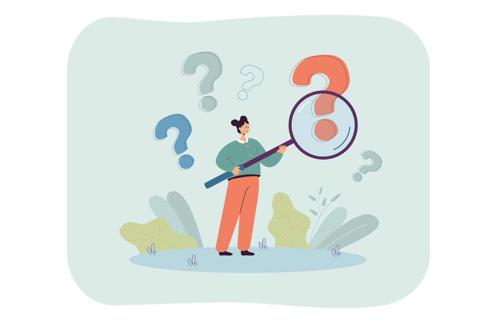 Woman with magnifier analyzing question marks. Curious person investigating interrogation point flat vector illustration. Information, test, FAQ concept for banner, website design or landing web page