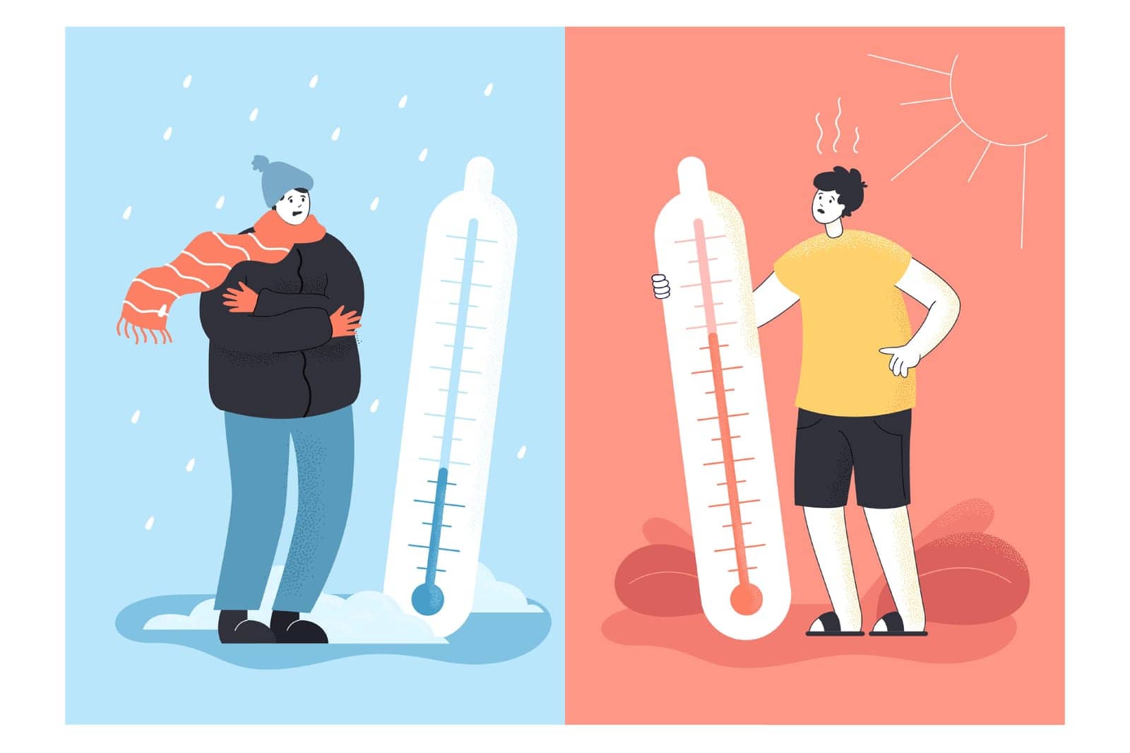 Contrast of winter and summer, cold and hot weather. Flat vector illustration. Tiny person hugging giant thermometer showing low and high air temperatures. Forecast, climate, season, weather concept