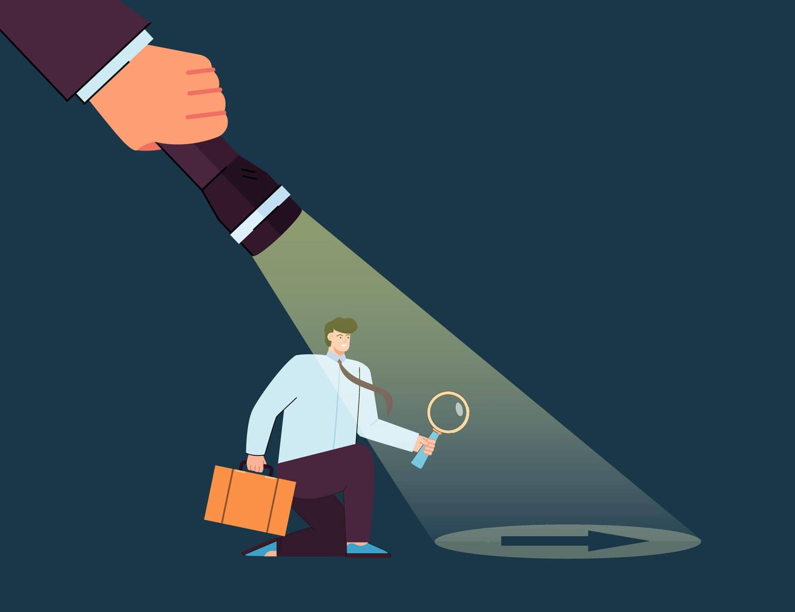 Hand with flashlight guiding businessman in right direction. Assistance for tiny business person on way forward flat vector illustration. Leadership, support in career achievement, guidance concept
