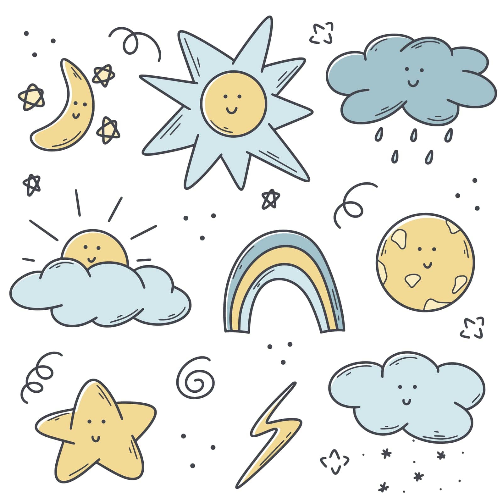 Weather conditions colored doodle set. Cute characters cloud, sun, star, moon, lightning hand drawn bunch. Meteorological simple icons, isolated vector illustration