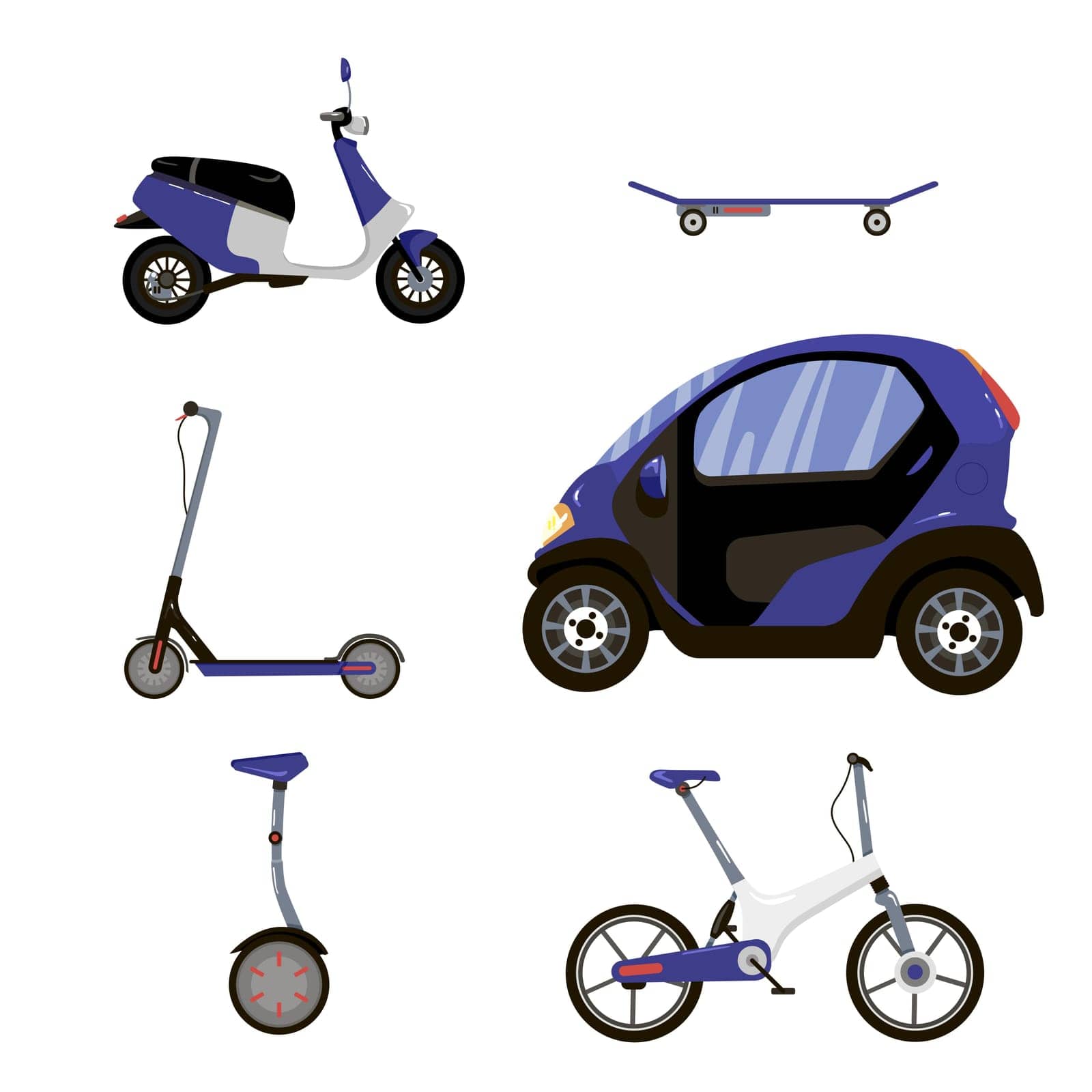 Modern electric scooter, board, bike, moped, car, monowheel isolated on white background. Personal electrical vehicles cartoon vector illustration set. Eco transport, caring for environment concept