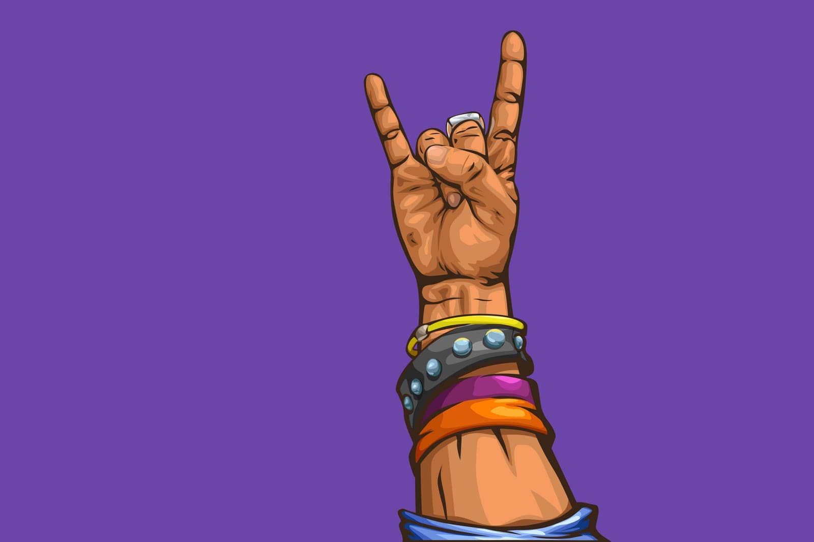 illustration of man hard rock hand with band cartoon style stroked on violet