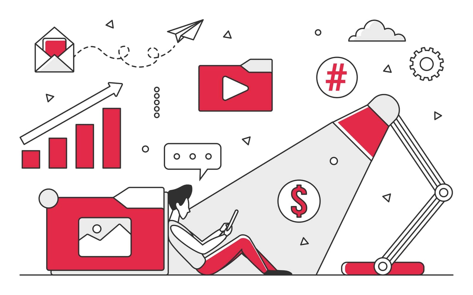 Video content marketing. Vlog creation business, smm campaign vector monocolor illustration