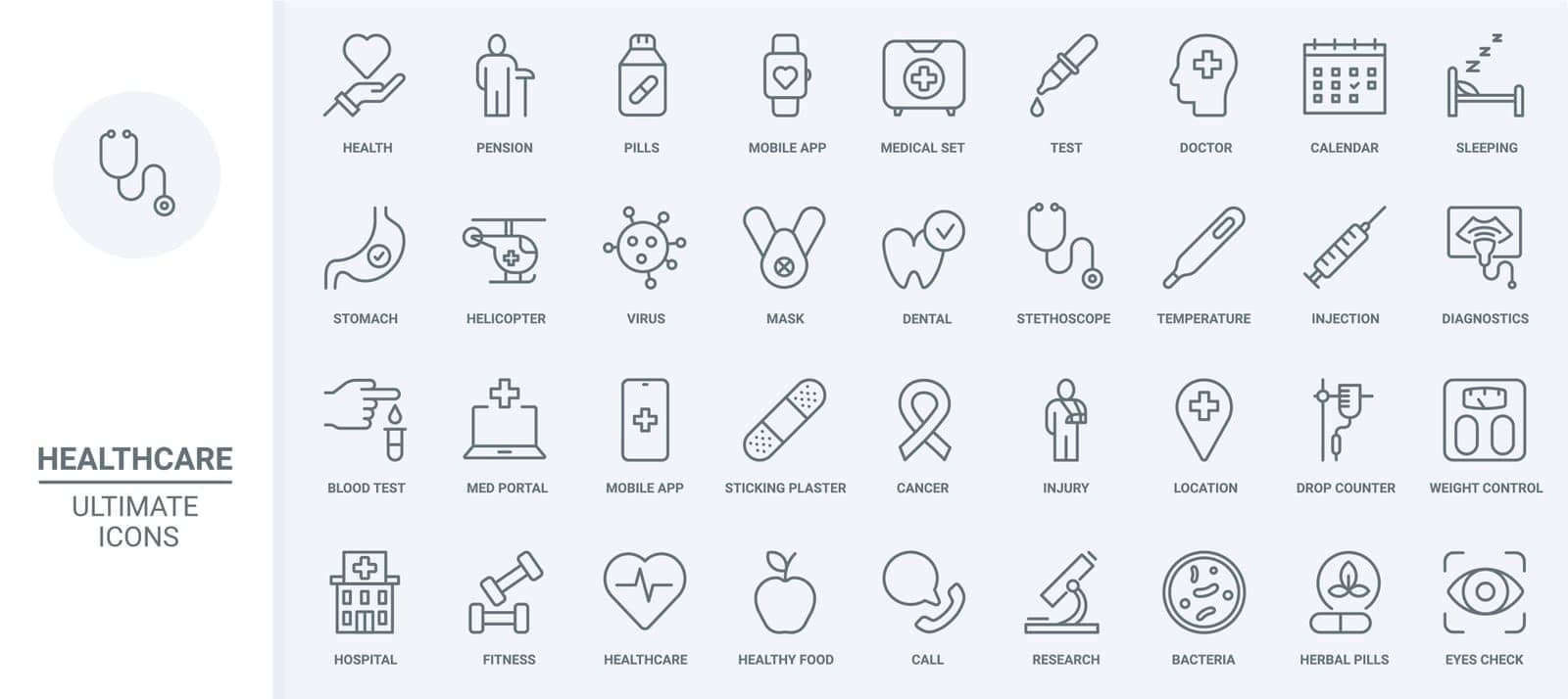 Healthcare, medicine thin line icons set vector illustration. Outline medical first aid, pills for cure and laboratory tests in hospital, diagnosis and dental care symbols for health mobile app