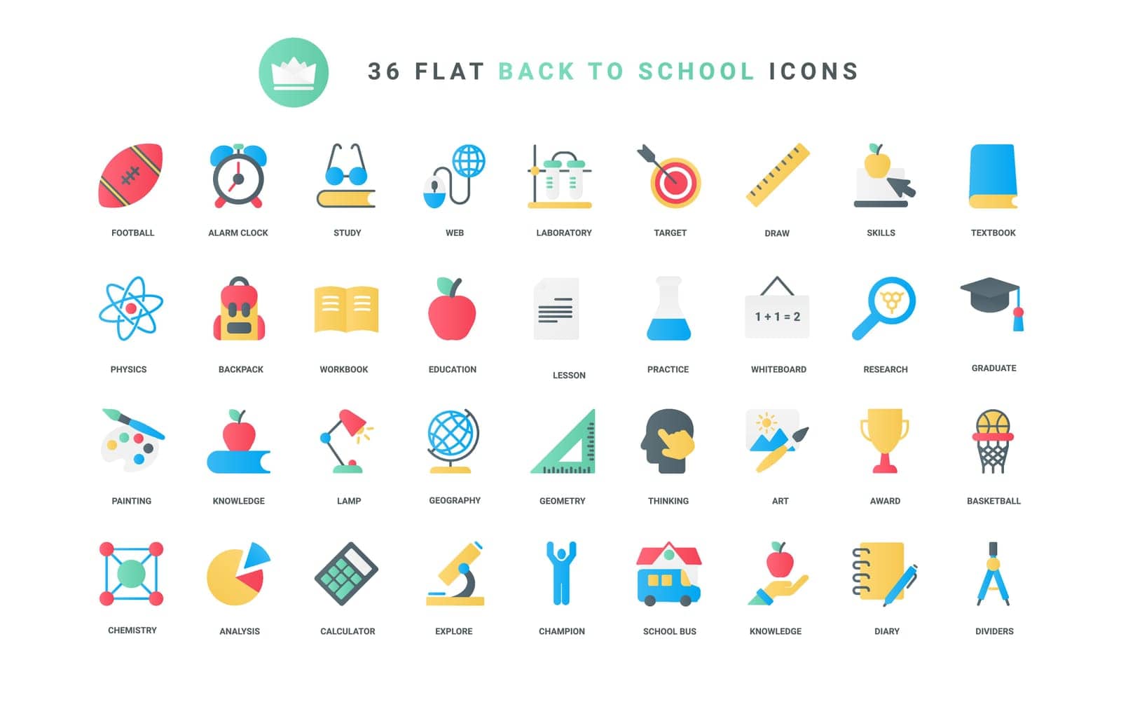 Study science in school and university, physics and chemistry lessons, champion award for students and books. Education trendy flat icons set vector illustration