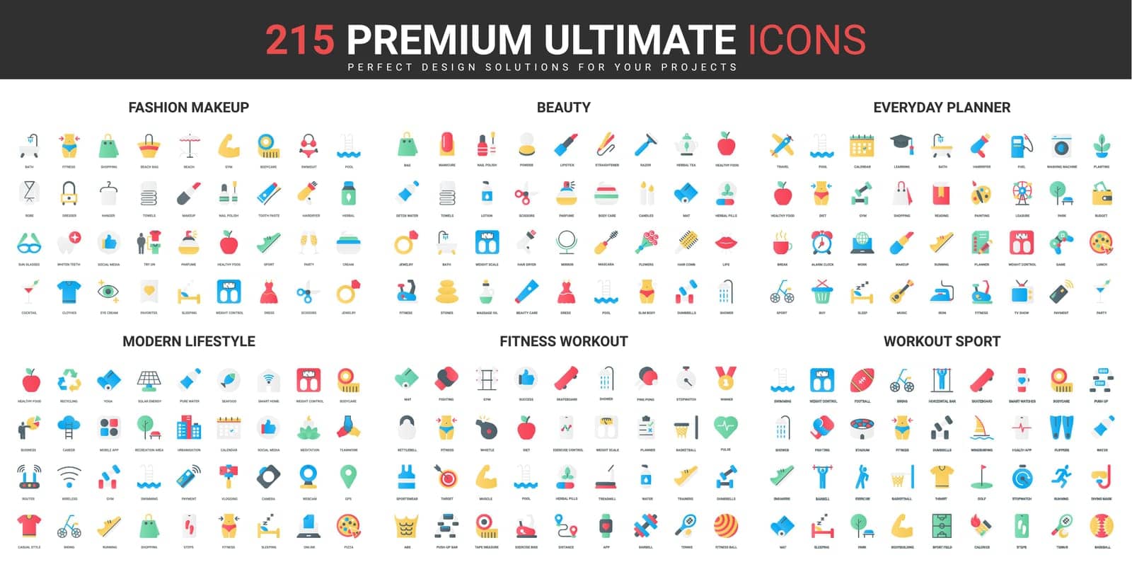 Beauty, sport exercises for healthy modern lifestyle and leisure color flat icons set by Lembergvector