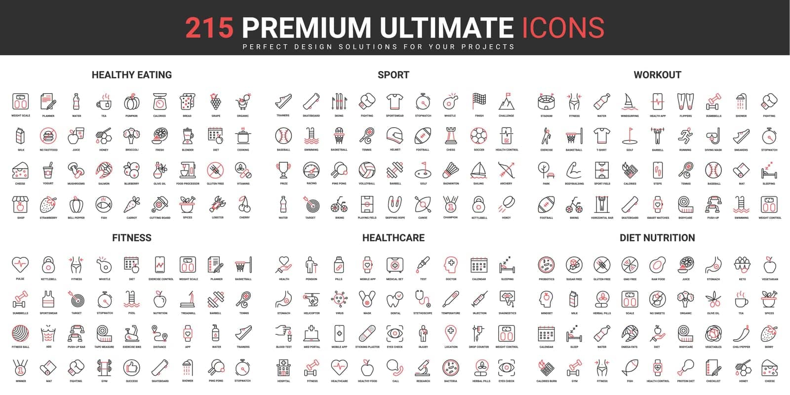 Healthy food, fitness workout and sport, healthcare and medical cure thin line red black icons set by Lembergvector