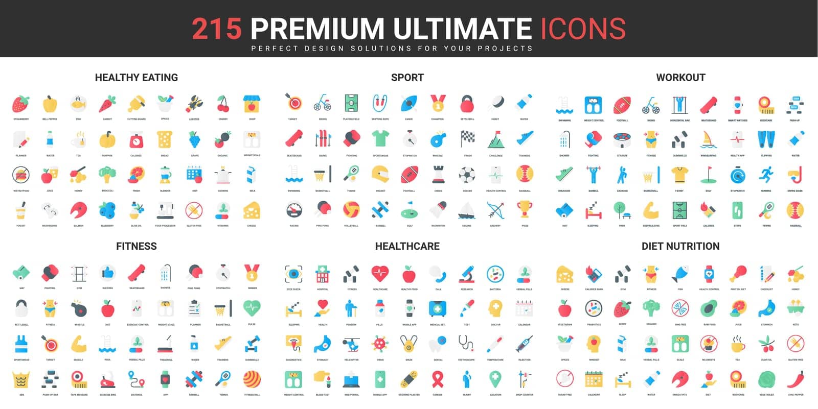 Healthy food, fitness workout and sport, healthcare and medical cure color flat icons set by Lembergvector