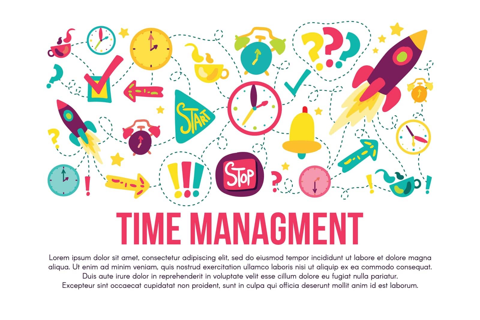 Time management stickers set set. Cartoon illustrations. Dash line drawings with lettering, copyspace