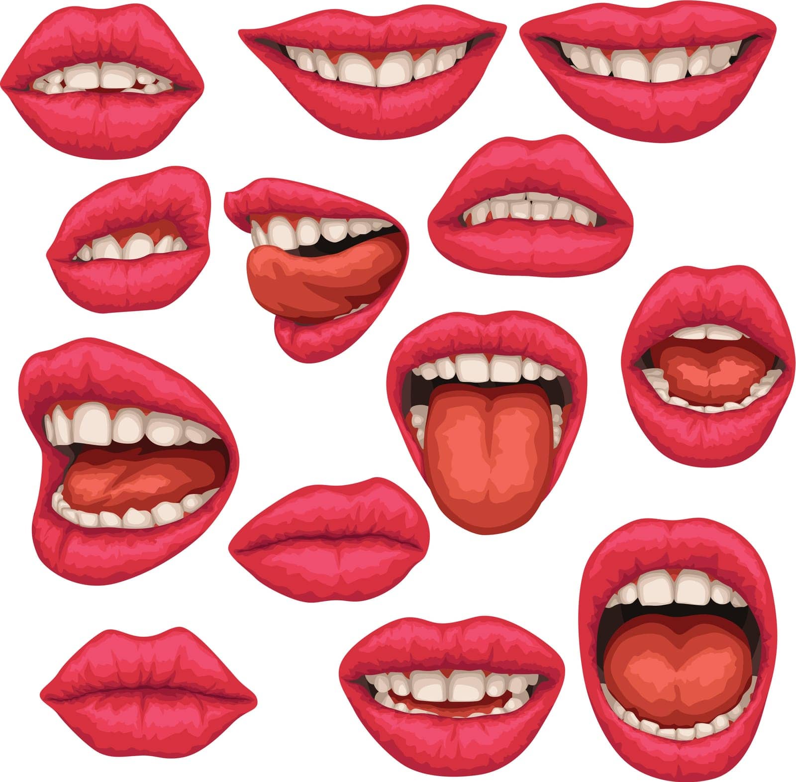 illustration of woman mouth set in different poses isolated on white background