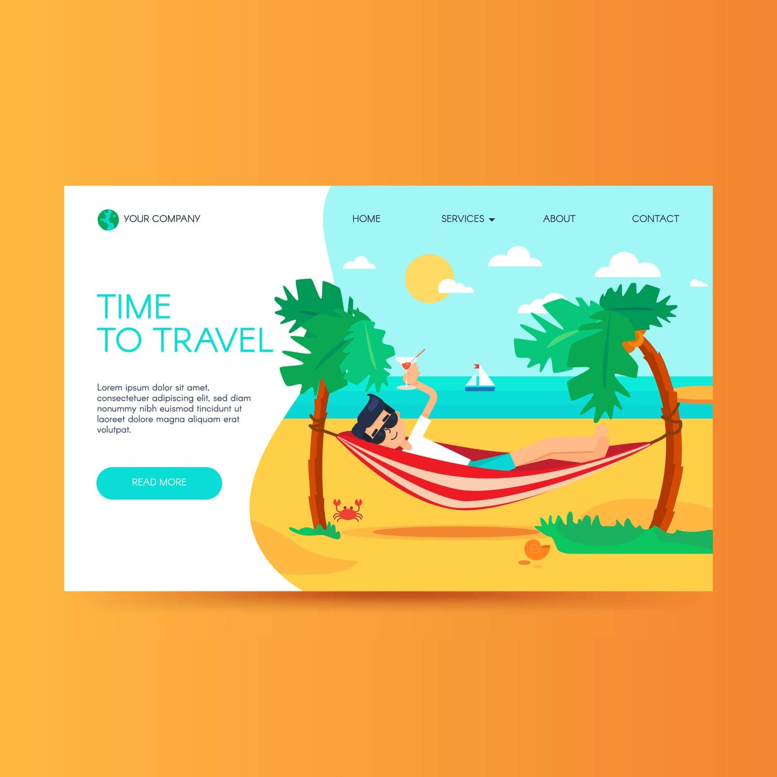 Travel agency website homepage template. Summer vacation, tropical resort. Tourism landing page