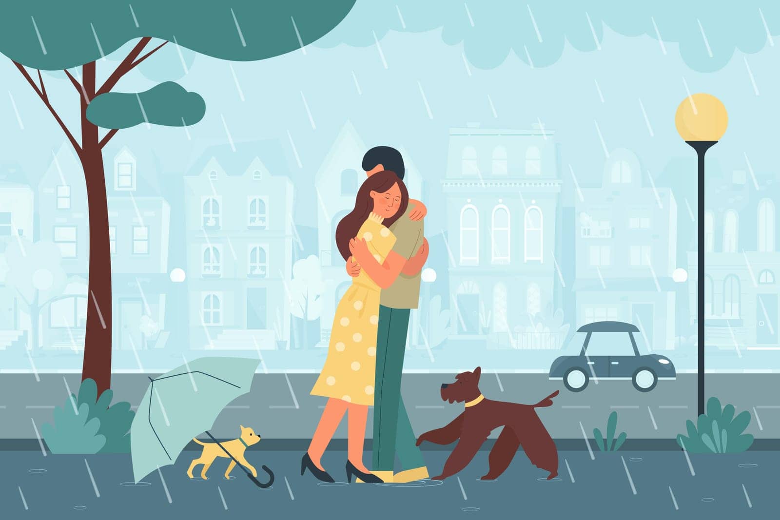 Romantic dating of couple people in rainy weather and storm, man and woman hugging by Popov